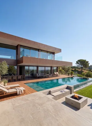 Visualização do terraço da piscina e fachada envidraçada em Palmares — LT73